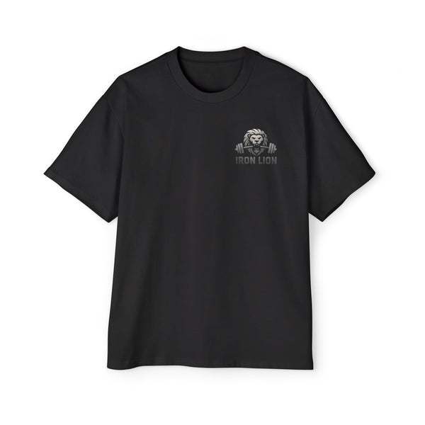 Iron Lion black heavyweight training tee with lion logo — relaxed-fit gym t-shirt