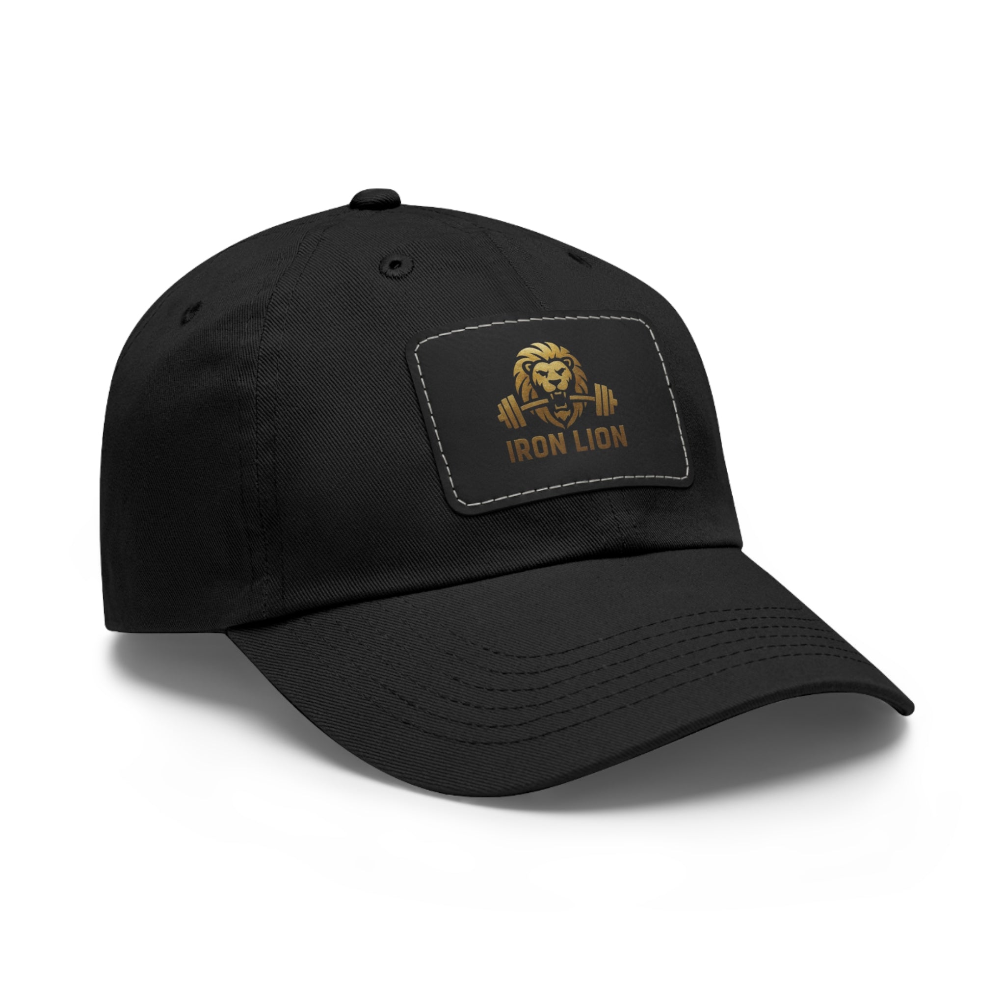 Iron Lion black ball cap with leather patch lion mark — gym dad hat