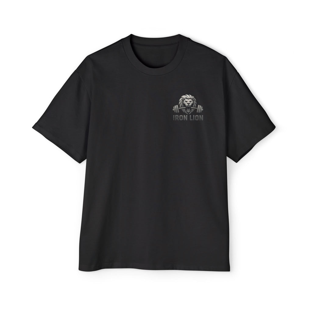 Iron Lion black heavyweight training tee with lion logo — relaxed-fit gym t-shirt