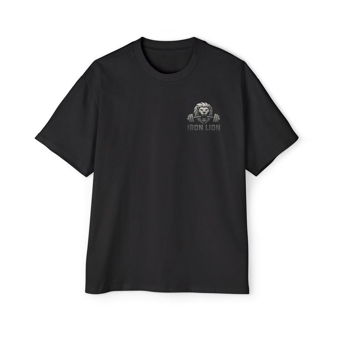 Iron Lion black heavyweight training tee with lion logo — relaxed-fit gym t-shirt