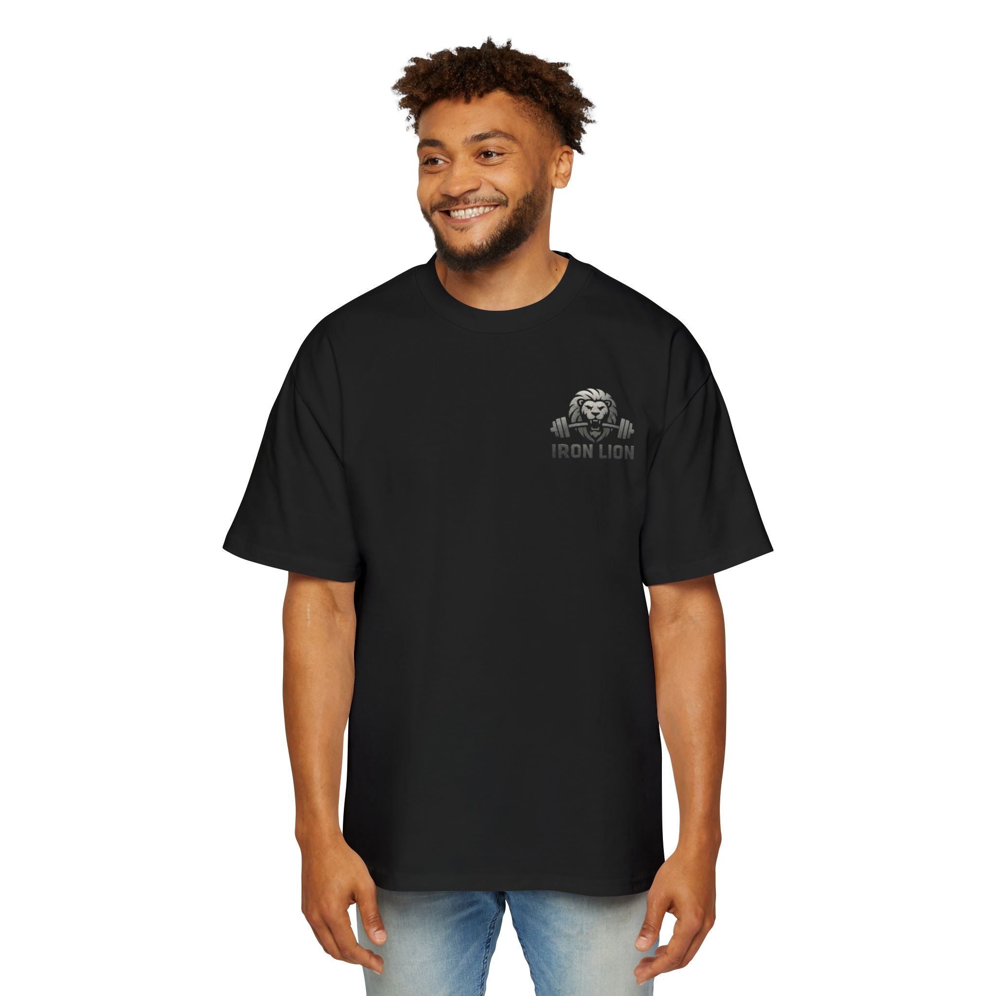 Iron Lion black heavyweight training tee with lion logo — relaxed-fit gym t-shirt