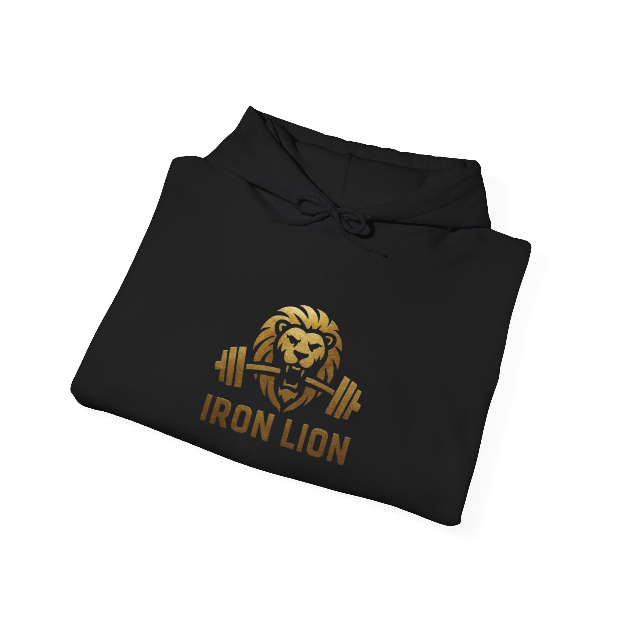 Iron Lion American flag hoodie in black with gold graphic — patriotic gym hoodie