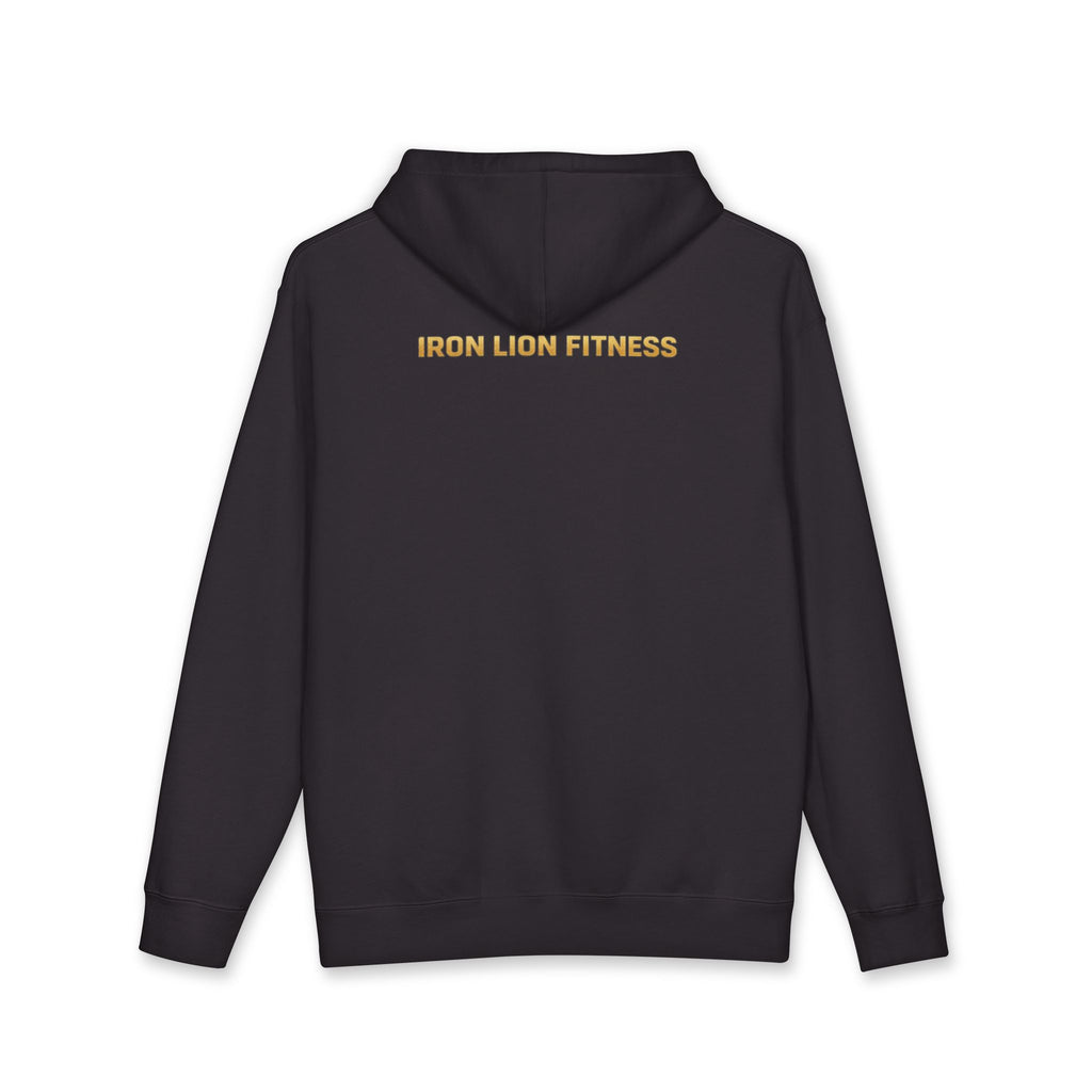 Iron Lion Premium Hoodie in black with subtle gold mark — heavyweight flagship gym hoodie
