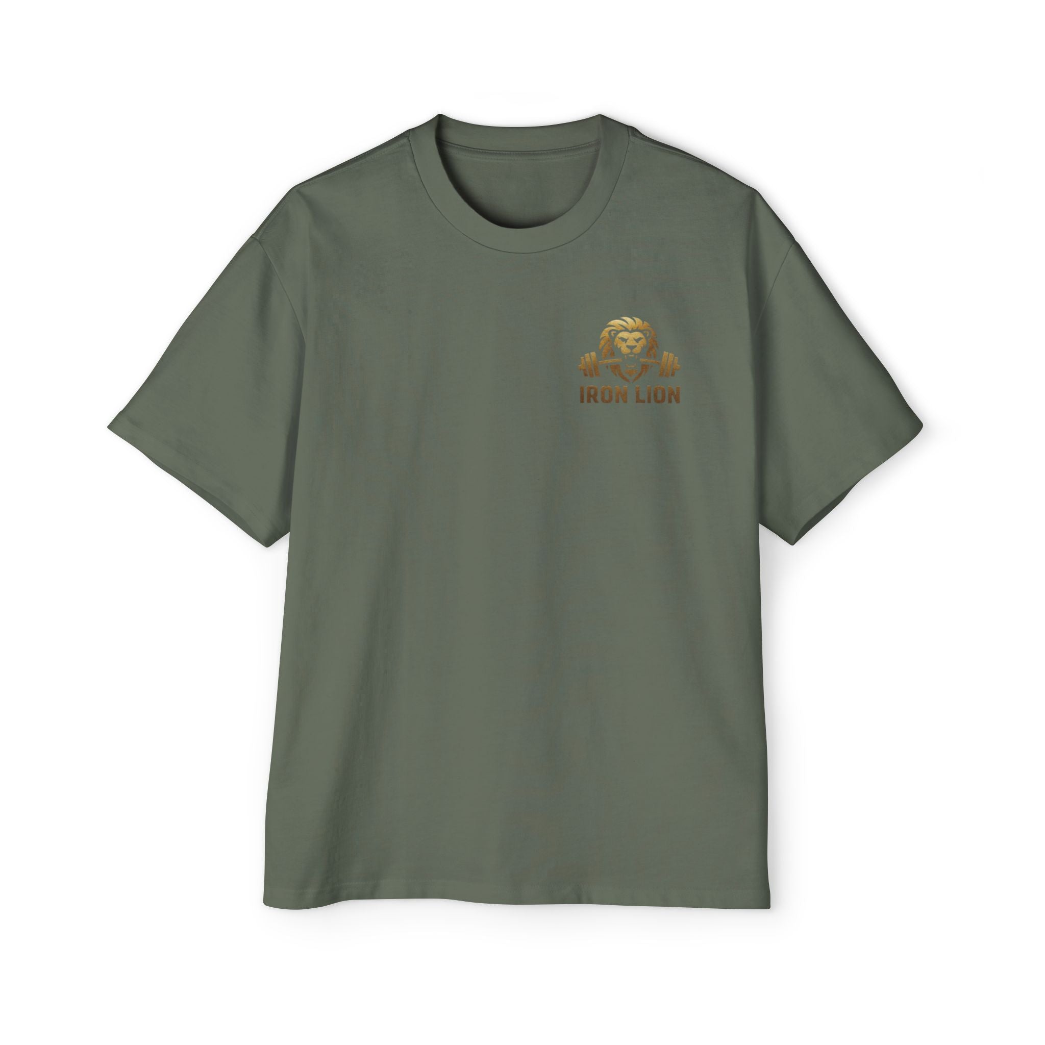 Iron Lion cypress green everyday tee with lion logo — relaxed-fit gym t-shirt