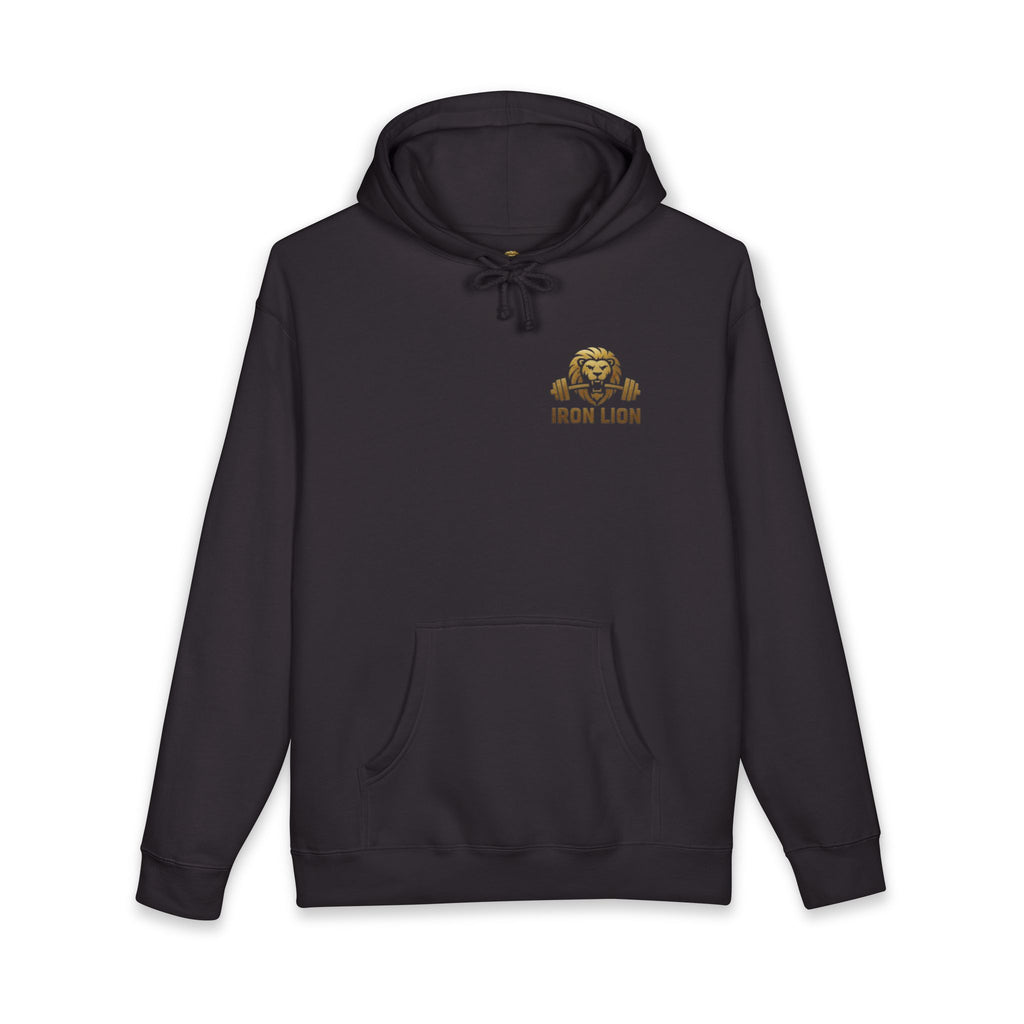 Iron Lion Premium Hoodie in black with subtle gold mark — heavyweight flagship gym hoodie