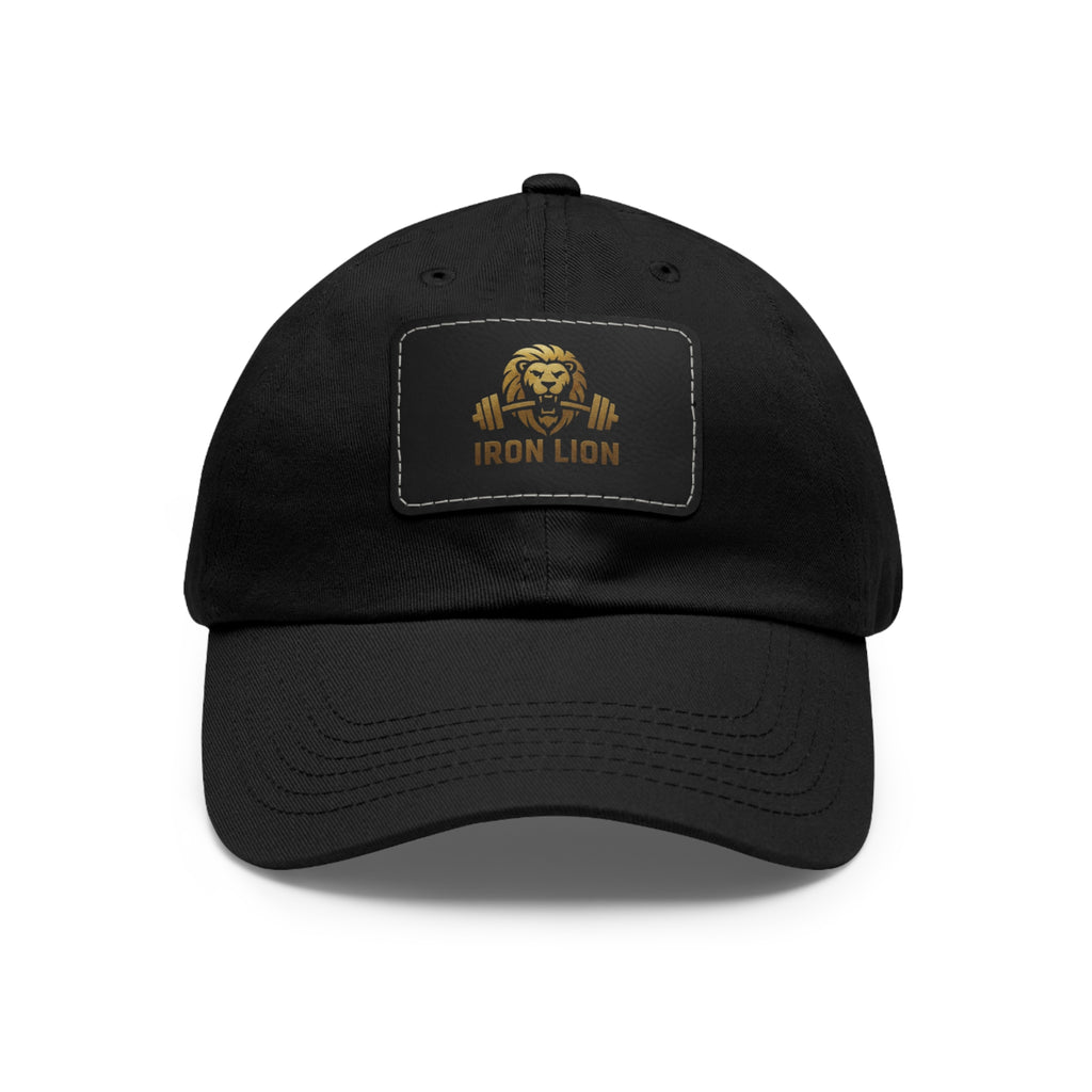Iron Lion black ball cap with leather patch lion mark — gym dad hat