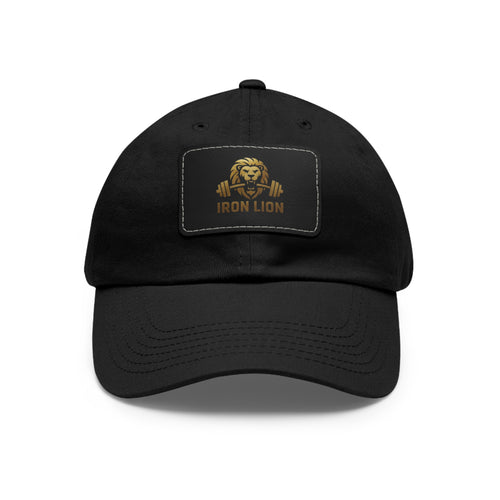 Iron Lion black ball cap with leather patch lion mark — gym dad hat