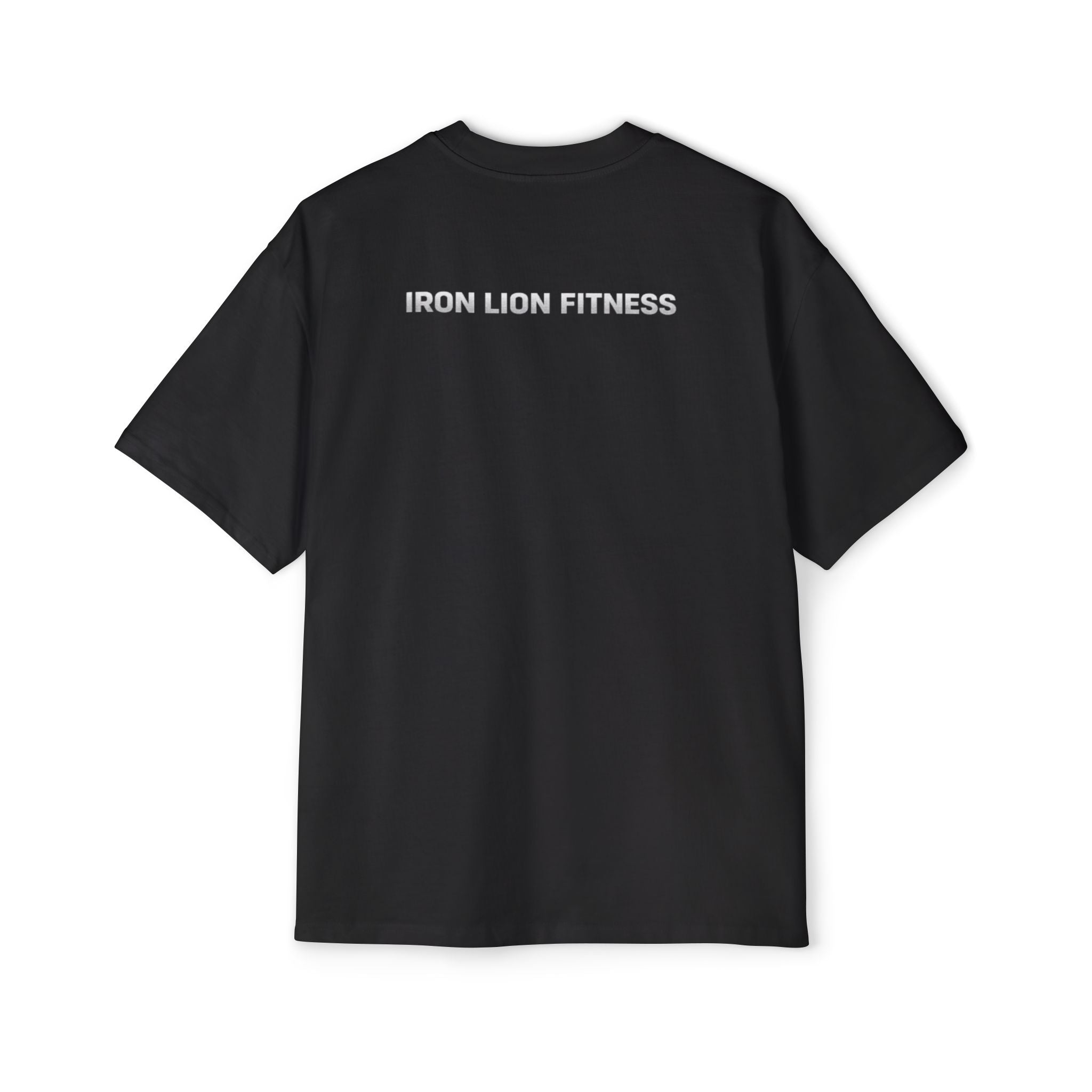 Iron Lion black heavyweight training tee with lion logo — relaxed-fit gym t-shirt