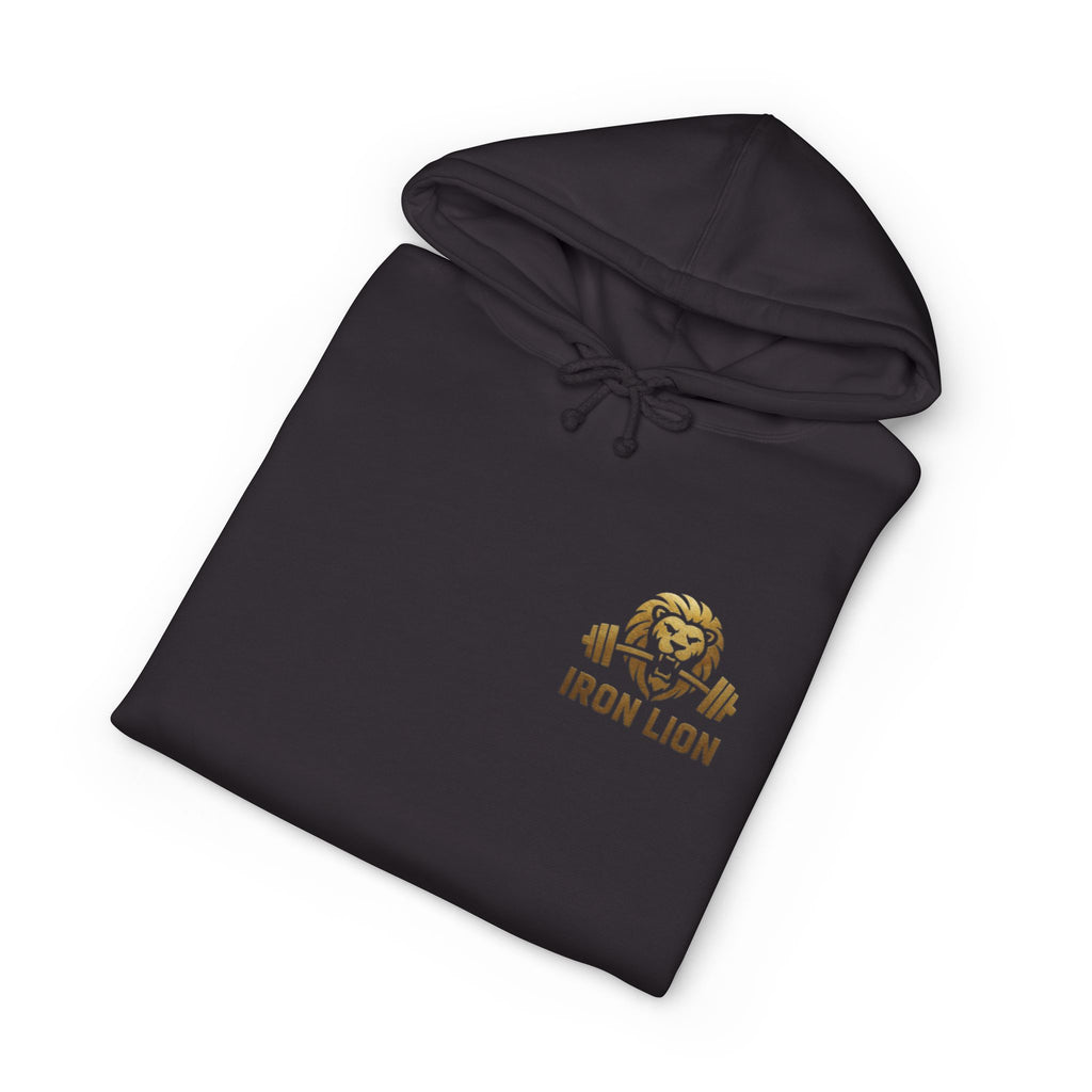 Iron Lion Premium Hoodie in black with subtle gold mark — heavyweight flagship gym hoodie