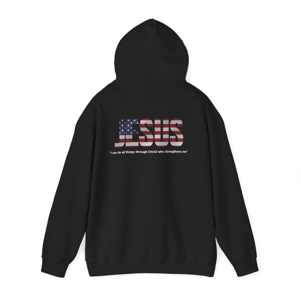 Iron Lion American flag hoodie in black with gold graphic — patriotic gym hoodie