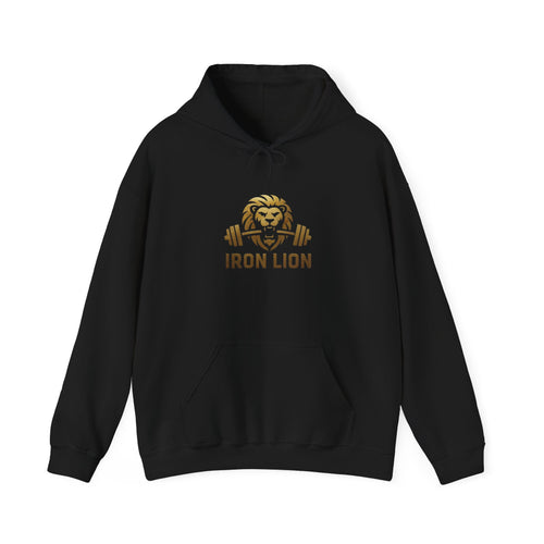 Iron Lion American flag hoodie in black with gold graphic — patriotic gym hoodie
