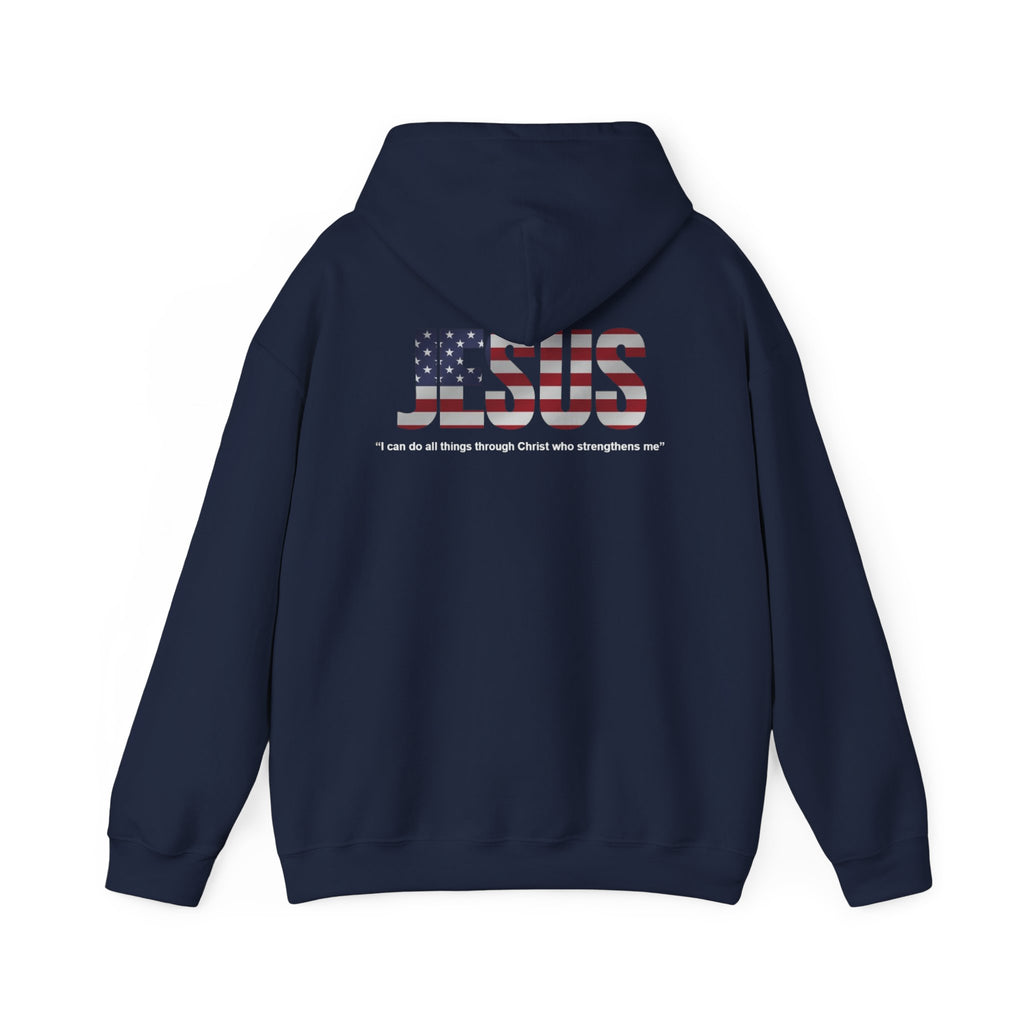 Iron Lion American flag hoodie in black with gold graphic — patriotic gym hoodie