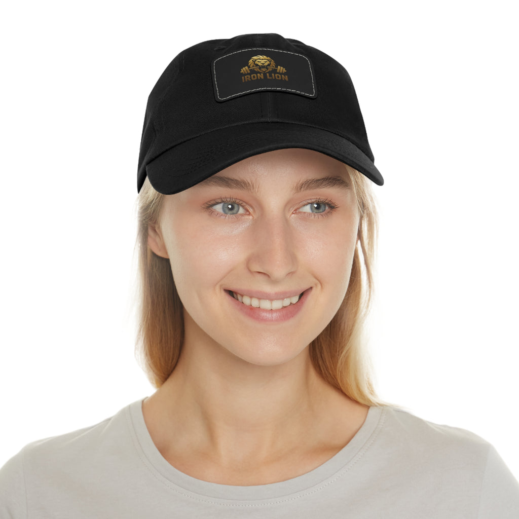 Iron Lion black ball cap with leather patch lion mark — gym dad hat