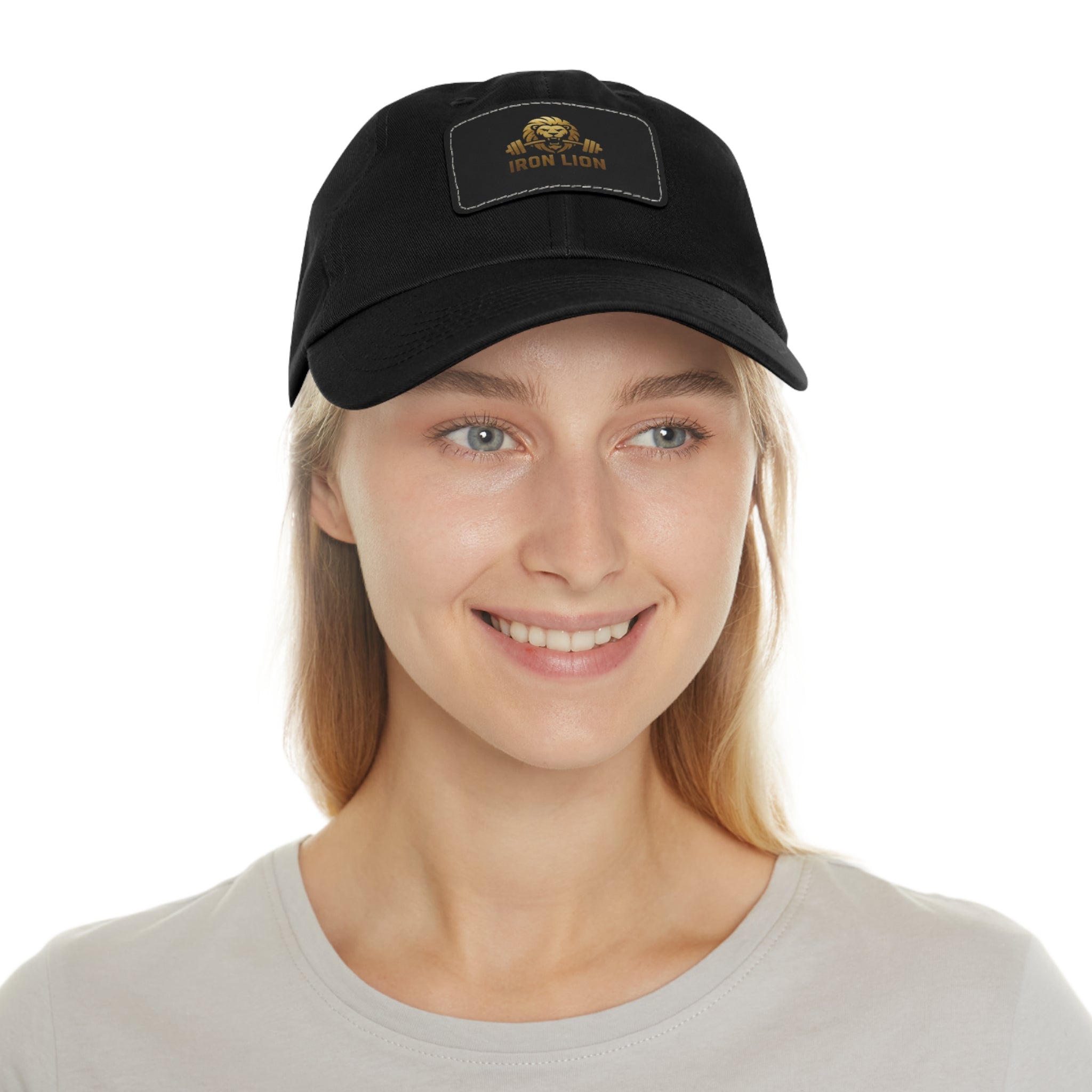 Iron Lion black ball cap with leather patch lion mark — gym dad hat