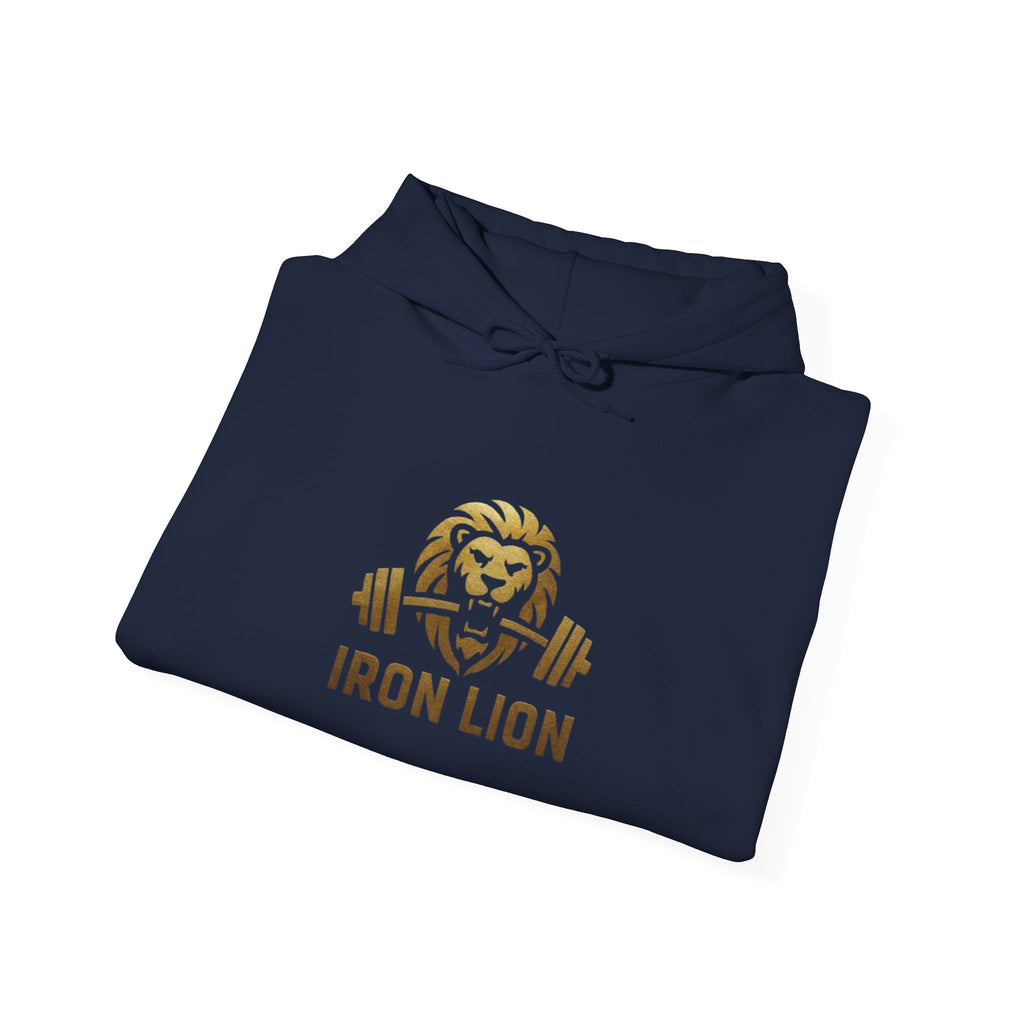Iron Lion American flag hoodie in black with gold graphic — patriotic gym hoodie