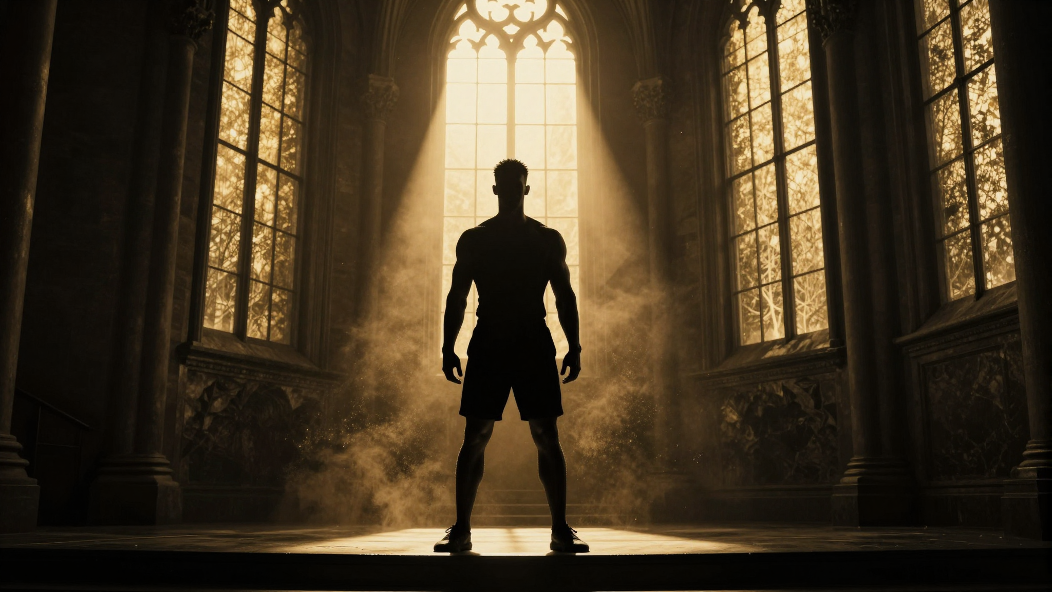 Iron Lion Faith & Country - athlete in cathedral light, black and gold